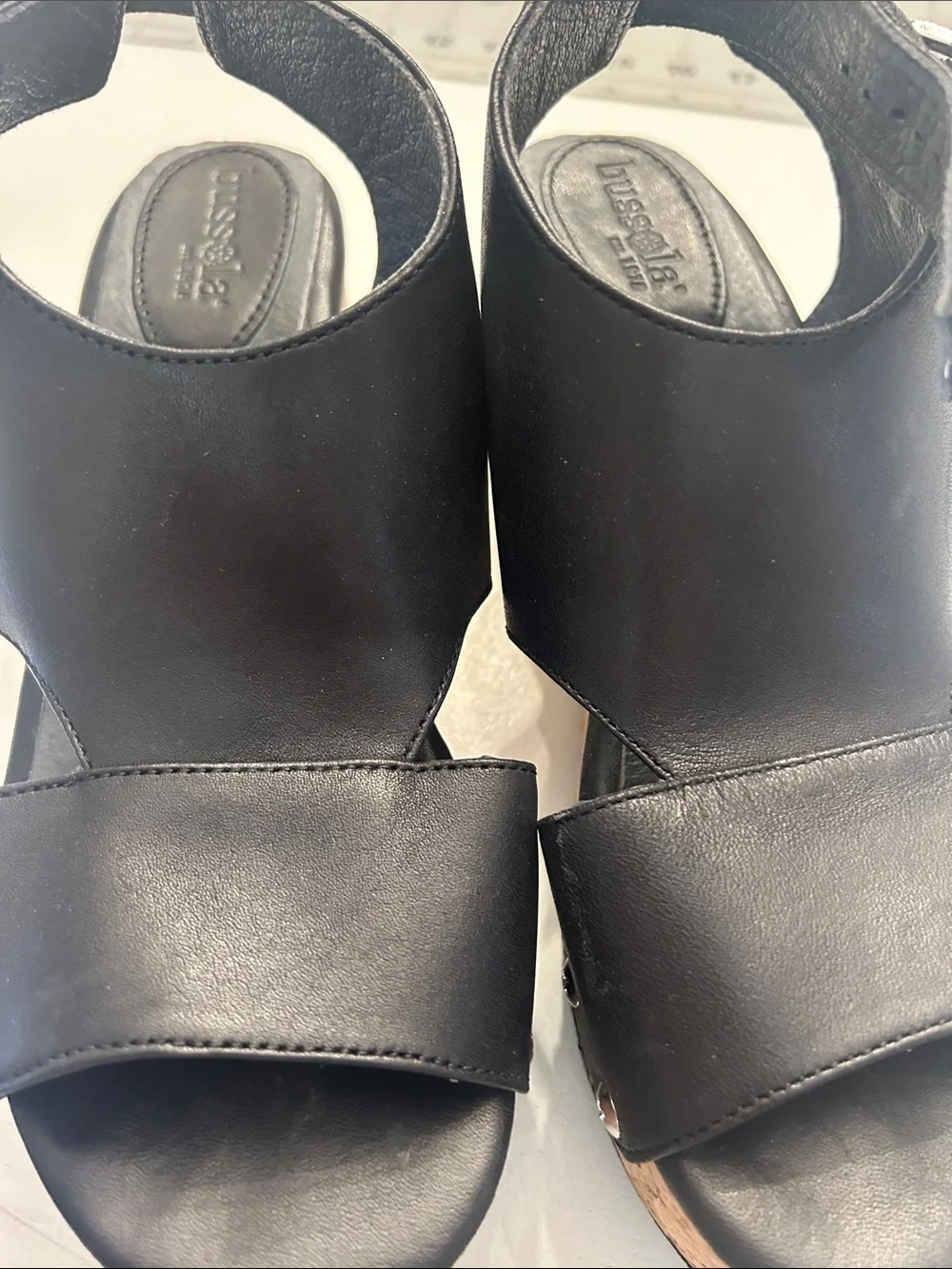 bussola Black Leather Cork Wedge Sandals